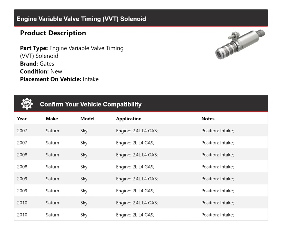 Puertas de admisión de solenoide VVT Saturn Sky Engine 2007-2010 2008 2009 Foto 2 de 4