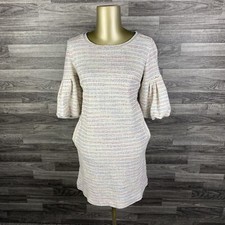 LOFT Round Neck Zip Back Short Sleeve White Striped Sweater Dress Womens Size XS