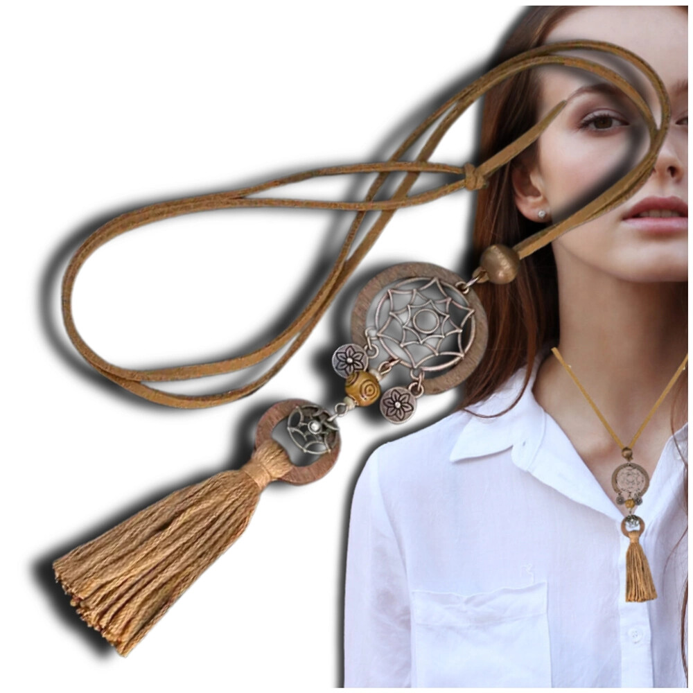 Collar boho marrón atrapasueños con borlas ajustables