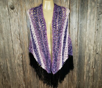 NEW Purple Pink Ombre Eyelet Soft Hand Knitted Shawl Wrap Scarf Knit Fringe