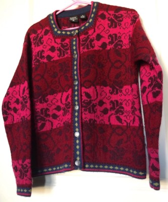 red and pink cardigan