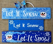 ONE-PIECE Slatted SIGN Let It Snow SNOWMAN Wall Door Hanger Winter Wood Plaque