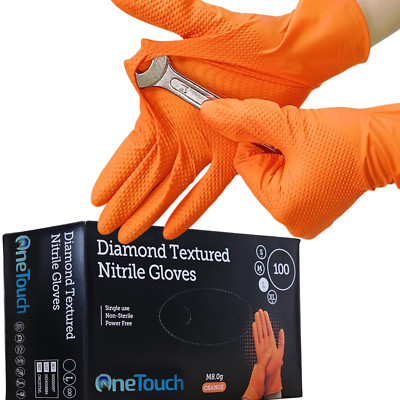 Diamant strukturierte Nitrilhandschuhe orange Lebensmittelqualität, Mechaniker, Industrie & Reinigung
