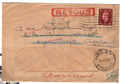 GB RETOUR Cover Machine TRANSORMA *R* Australia Adelaide 1939 Cinderella 18.18 - Picture 4 of 9