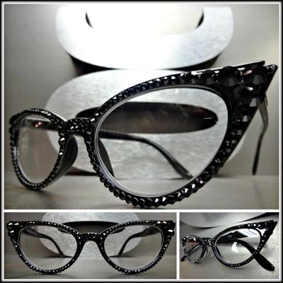 Damen Vintage Cat Eye Stil Lesen Brillen Readers Schwarz Kristalle Handgefertigt