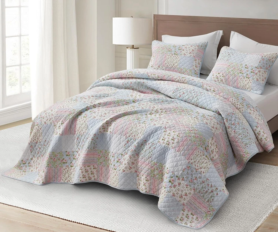 Blue Pink Shabby Chic Floral Bedspread Coverlet Set Pre-Washed Cotton Quilt Set - Image 3 of 4
