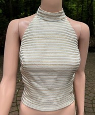 Cache Gold and White Mock Neck Halter Top with Metallic Lines Size 12