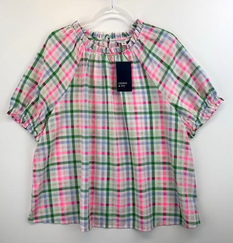 NWT Crown & Ivy Gingham Pink Green Blue Top Ruffle Trim Short Sleeve Blouse XL