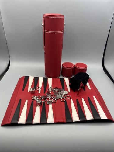 Aufrollbares tragbares genähtes Kunstleder rot Backgammon Spiel Metallfiguren
