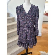 Evereve Purple Paisley Blouson Sleeve Mini Dress Boho Fall Moody Floral