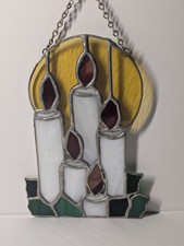 Vintage Stained Glass Christmas Candles  Holly Suncatcher Window Hanging 7  