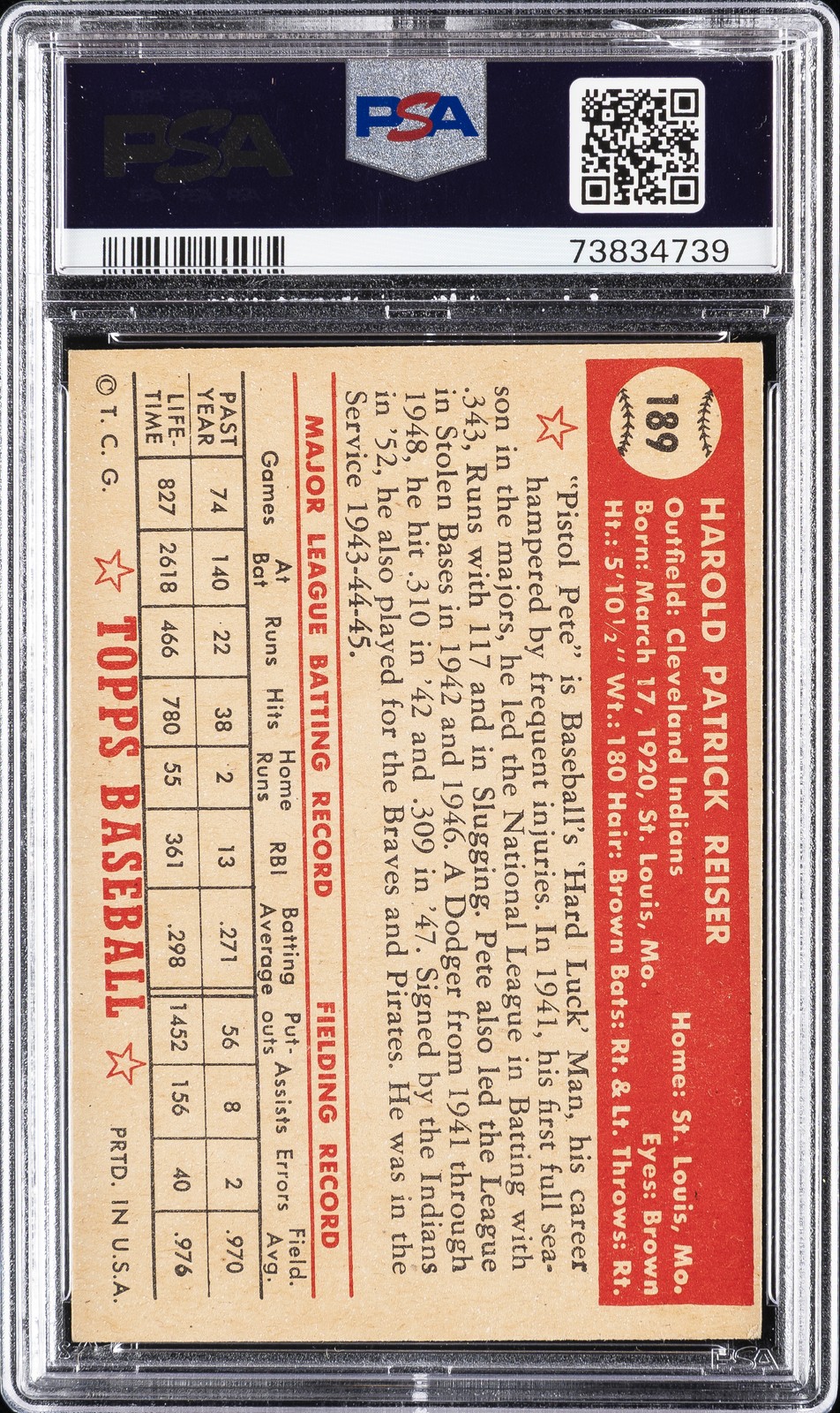 1952 TOPPS #189 PETE REISER PSA 7.5 view 2