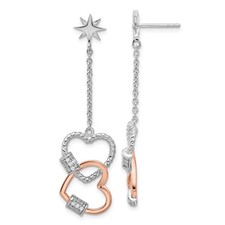 Sterling Silver Rose-tone Cubic Zirconia Hearts Drop  Dangle Earrings 4.23gm