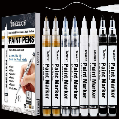 White Paint Pen, 8 Pack 0.7Mm Acrylic Paint Pens with 2 White 2 Black 2 Gold 2 S