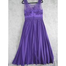 Purple Beaded Floral Lace Illusion Neck Chiffon Prom Evening Gown Sleeveless