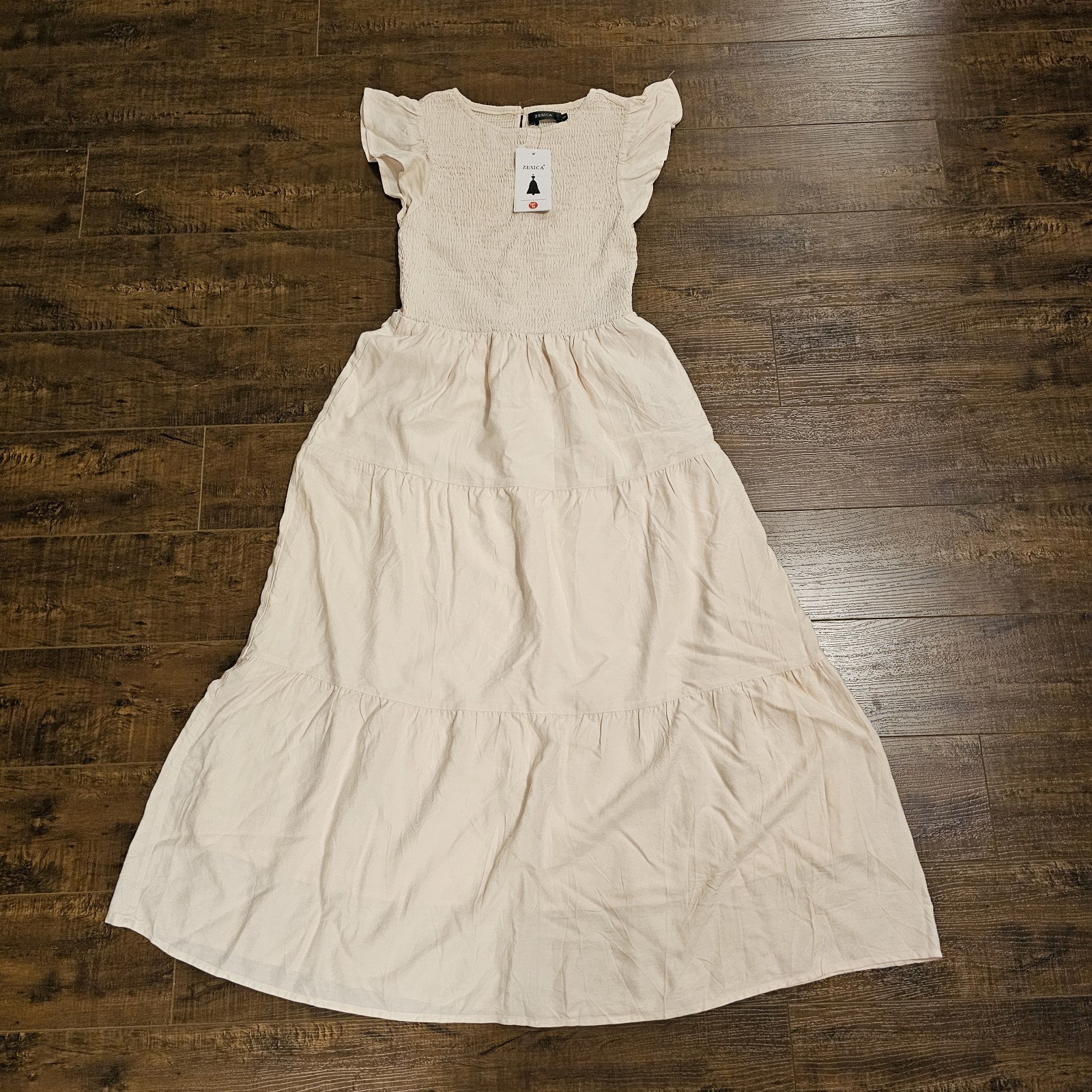 NEW ZESICA Boho Dress Shirred Smocked Tiered Women's Small Pockets 
