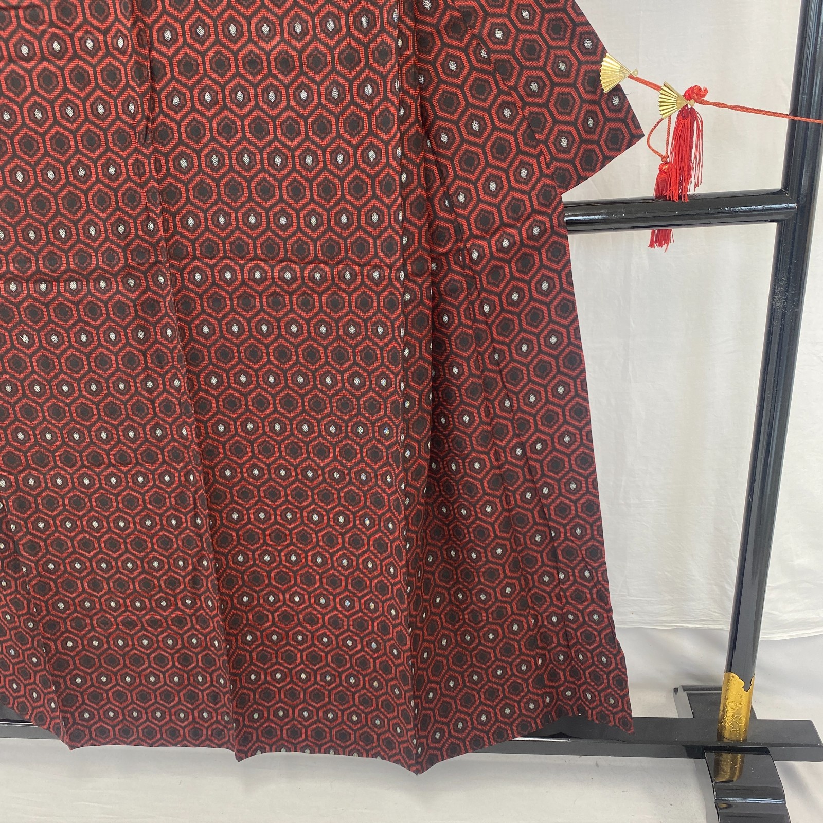 Japanese Vintage Kimono Silk Red Tumugi No Lining Traditional  Length 60 in