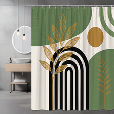 Boho Green and Black Shower Curtain with Gold Leaf Design
