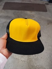 New Vtg Trucker Snapback Hat Black Gold Mesh Cap USA Blank NOS