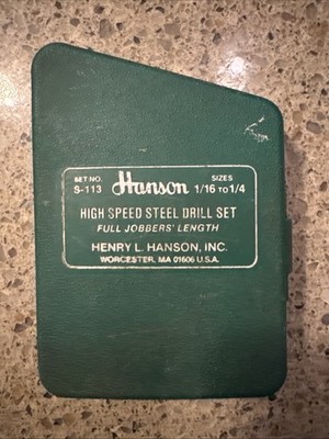 Hanson High Speed Steel Drill Set Full Jobbers Length S-113 Sizes 1/16'' to 1/4''