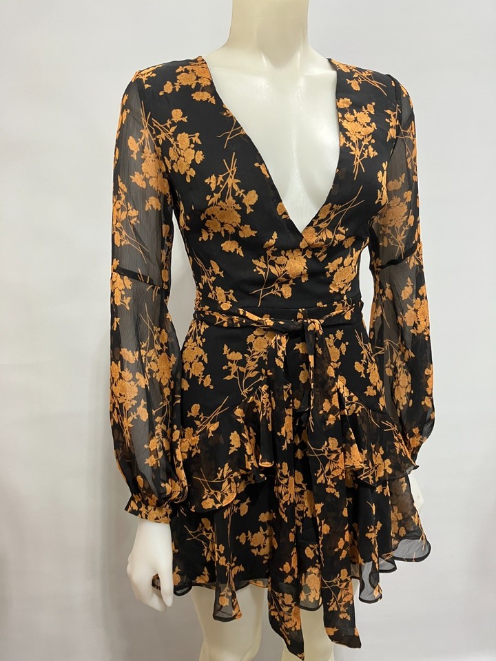 Saints + Secrets Black Gold Floral Wrap Dress Size 8 Sheer Ruffle Dark Romantic