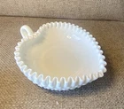 VTG 8” Fenton White Milk Glass Hobnail Heart Shaped Candy Dish w/ Handle