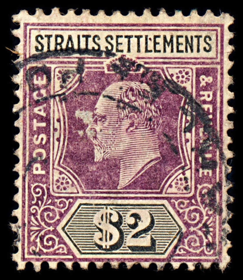 6959 Straits Settlements SG137 2$ negro y púrpura 1905. Sc#125 Mi 106 Usado. C£90 Foto 3 de 4