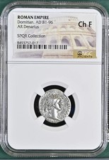 Roman Empire AD 81-96 AR Denarius Domitian NGC Ch F