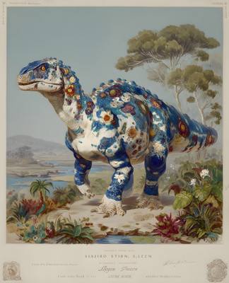Blue Mosaic Iguanodon on Sandy Coast with Flat Umbrella Trees Print - 456632447