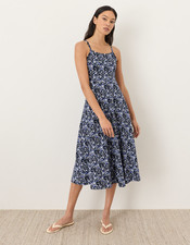 PACT Organic Fit Flare Midi Dress, Paradise Petals Navy Blue