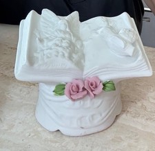 Porcelain Angel Book Figurine On Stand With Rose Accents