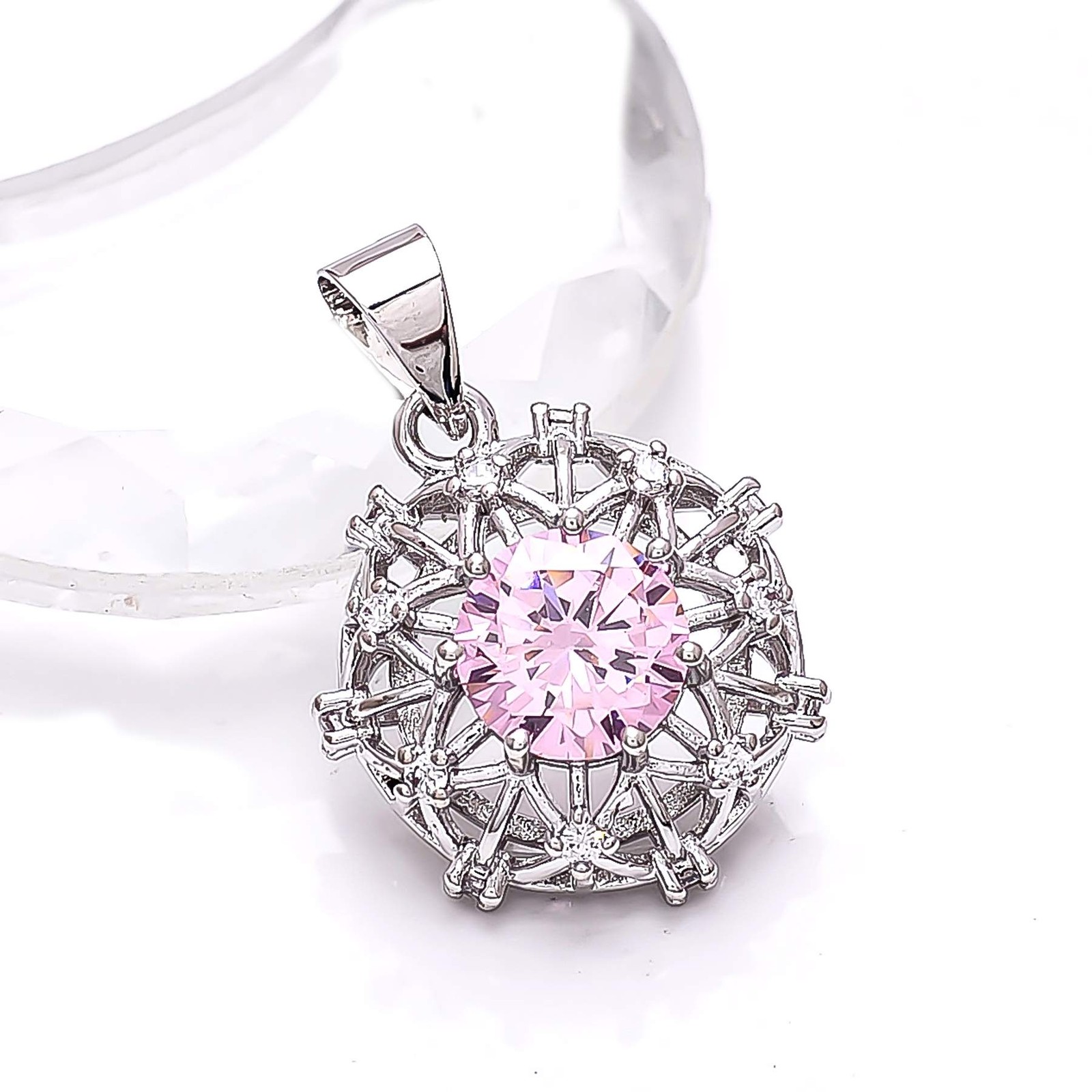 Pink Sapphire Simulated CZ Gemstone 925 Sterling Silver Pendant 1 Inch P7863