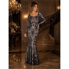Windsor XS Black Sequin Mermaid Formal Gown Nude Mesh Long Sleeve Maxi Dress
