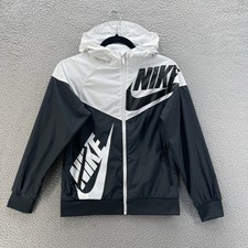 Nike Jacket Boy Medium Black Full Zip Hood Windrunner Swoosh Logo Lightweight
