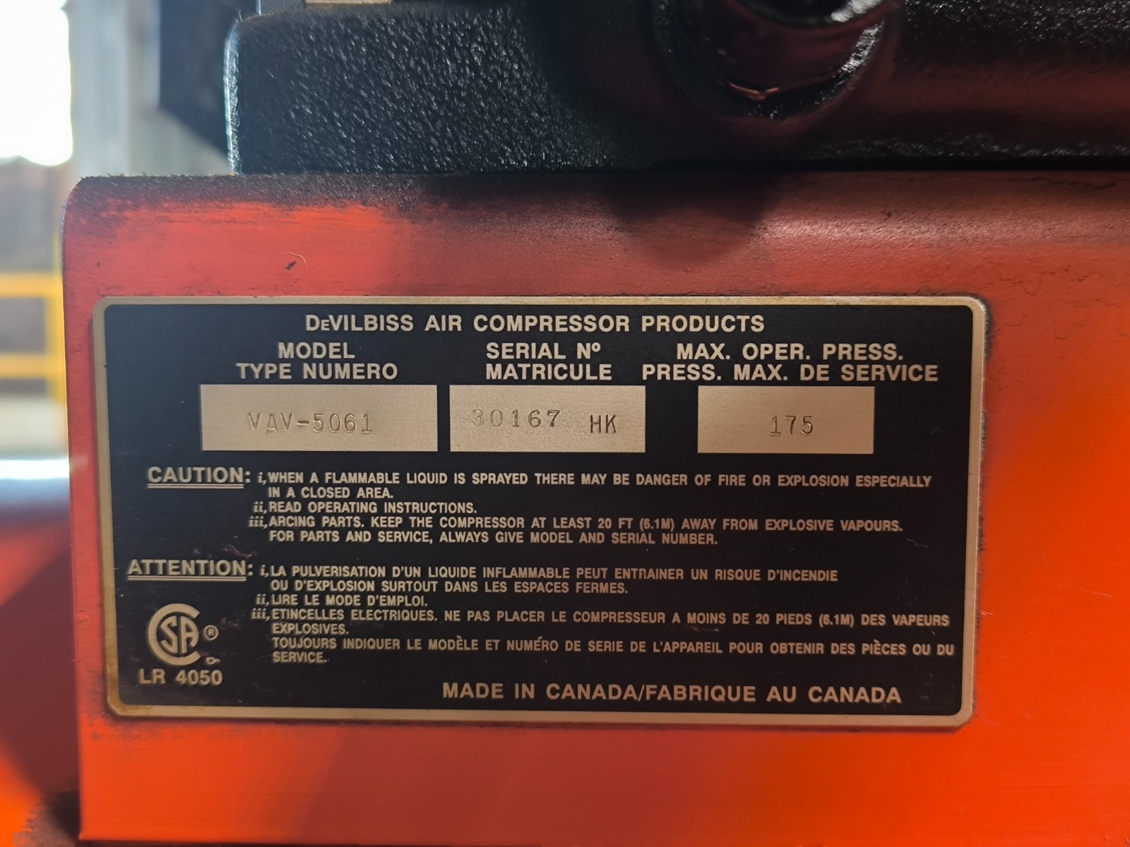 DeVilBliss VAV-5061 Air Compressor 15 HP 230/460V 175 PSI 120G 3 Cyl 112513T39