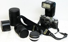 Vtg Canon AE-1 35mm Film Camera Flash Tele Converter 50mm 80mm Lens All Works