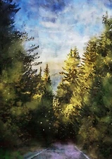 Trees and road watercolour painting, unique  artwork gift (print) 7x5