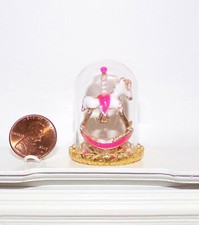 NEW 1:12 OOAK FUSHIA-WHITE DOLLHOUSE MINIATURE CAROUSEL HORSE ROCKER-GLASS DOME