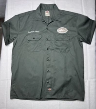 Dickies Dogfish Head Olive Green Short Sleeve Work Shirt Sz Large Embroidered