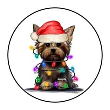 30 CHRISTMAS YORKIE ENVELOPE SEALS LABELS STICKERS 1.5" ROUND LIGHTS SANTA HAT