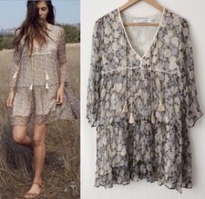 Christy Dawn Phoenix Mini Dress Size XS-S Grey Blue Floral Long Sleeves Chiffon