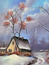 13” x  17" Forest Cabin Snow Landscape Original Oil Canvas Painting by Lois Pava