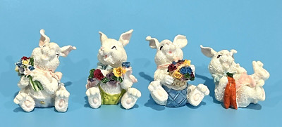 Easter Rabbits Bunny w Flowers Figure Figurine Set of 4 Vintage Miniature Resin