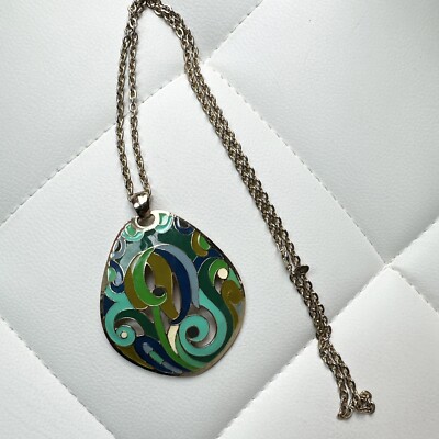 Eisenberg Signed Pendant Abstract Blue Green Enamel Pendant On Avon Necklace