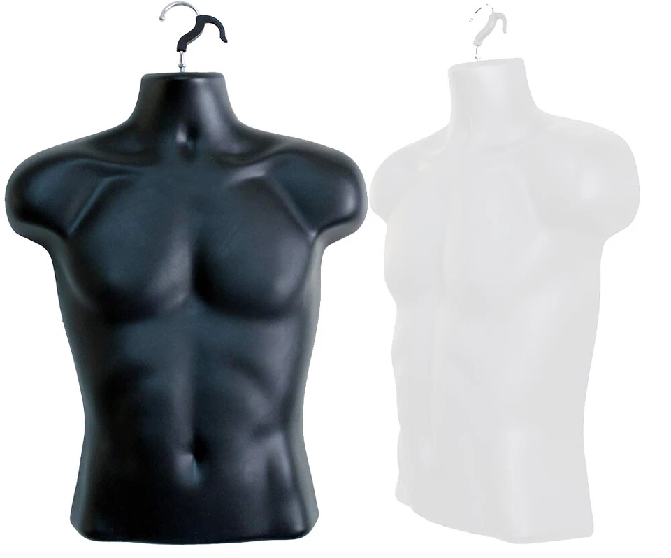 PRIME SHOPFITTINGS HANGING MANNEQUINS HALF BODY MENS BLACK AND WHITE PLASTIC GOOD MATERIAL UK STOCK
