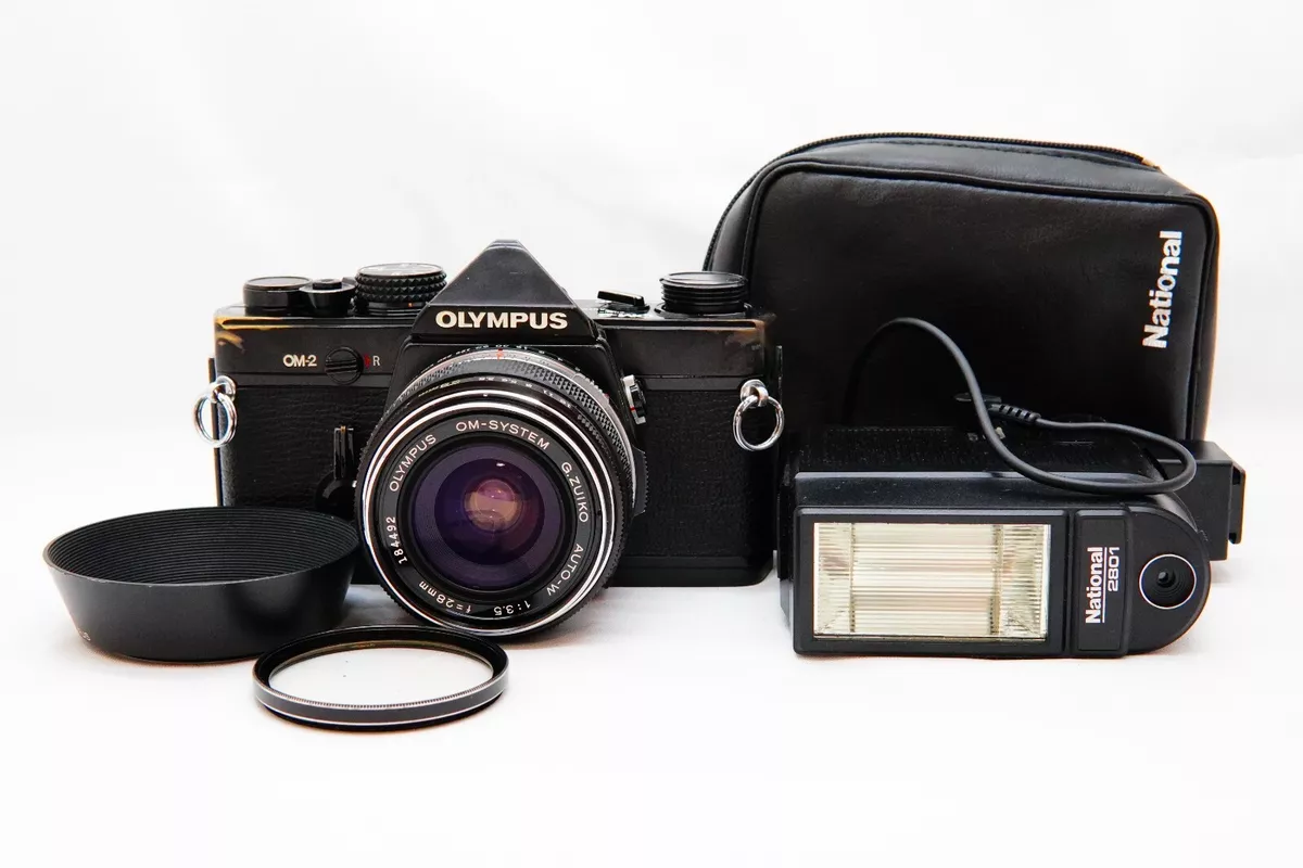 Exc+5 OLYMPUS OM-2 35mm film camera W/ G.ZUIKO Auto-W 28mm F3.5 w/Flash Light