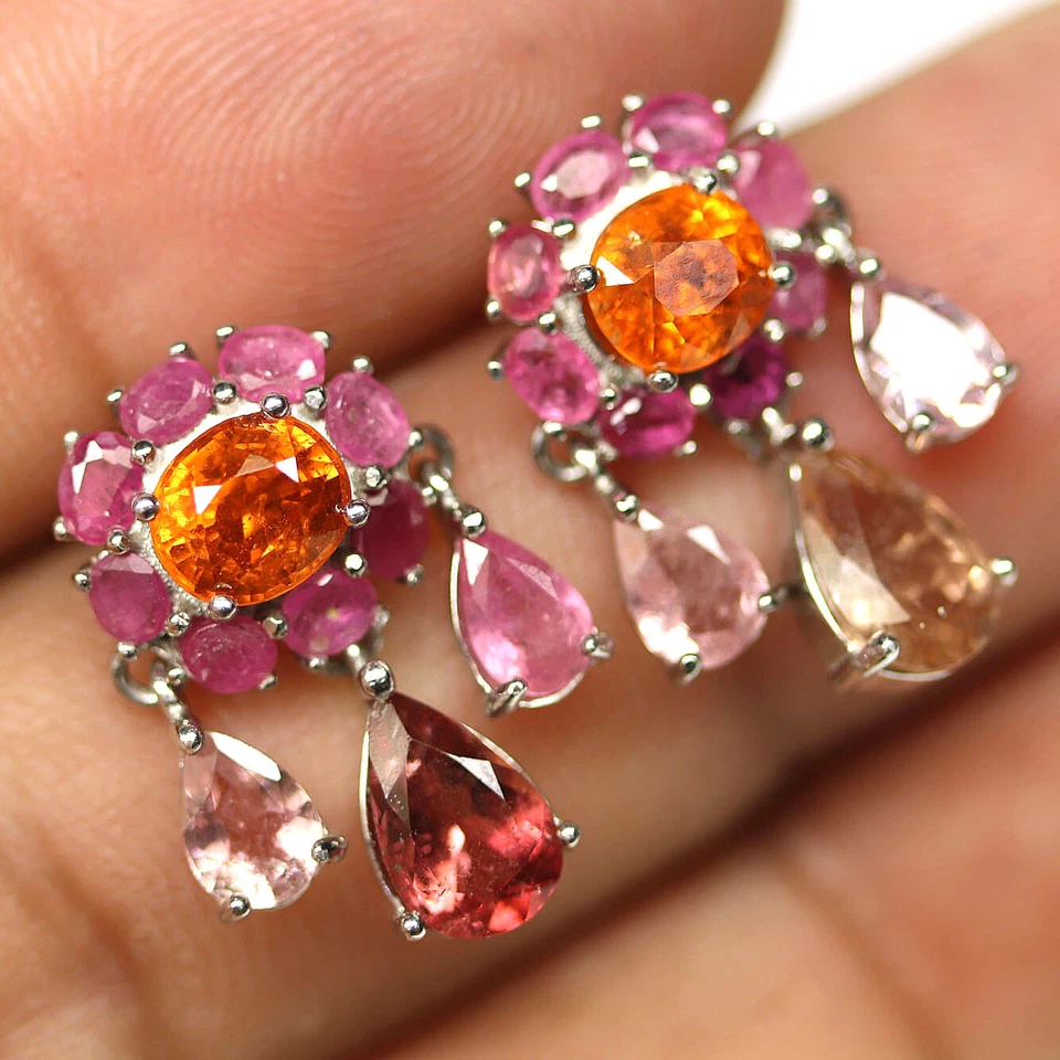 Pendientes de plata 925 Fanta naranja espesartita granate, turmalina pastel y rubí Foto 2 de 4