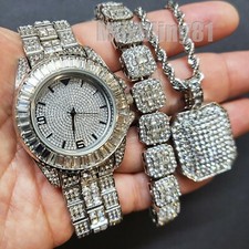 SILVER PT BLING LUXURY HIP HOP WATCH ICED BAGUETTE STONE BRACELET NECKLACE