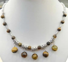 Lovely 6-10mm Yellow Tiger's Eye Round Beads Pendants Tibet Silver Necklace 18''
