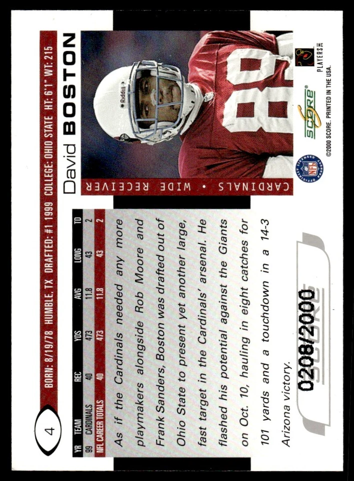 2000 Score Scorecard David Boston /2000 Arizona Cardinals #4 - Image 2 of 2